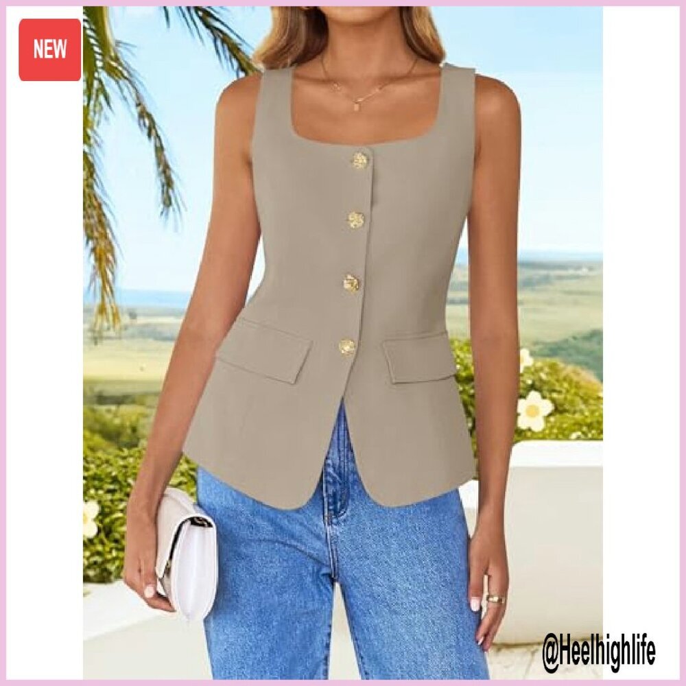 Sleeveless Suit Vest Square Neck Button Down Blazer Waistcoat Women's Work - Picture 3 of 8